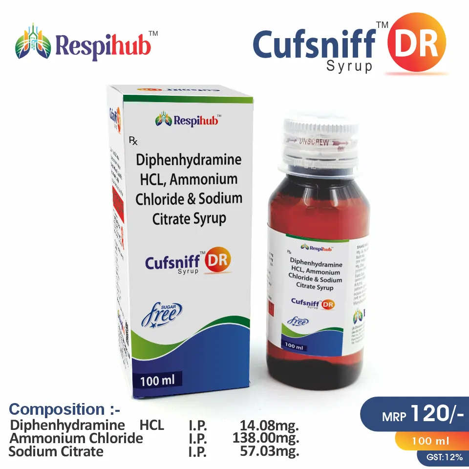 Diphenhydramine + Ammonium Syrup at the best price in PCD Pharma Franchise for Antihistamine, Expectorant, Cough, and Cold Relief.